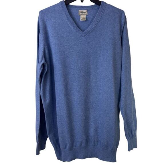 LL Bean Sweater Mens XLT XL TALL Blue Cotton Cashmere V Neck Pullover 275552 - Picture 1 of 10